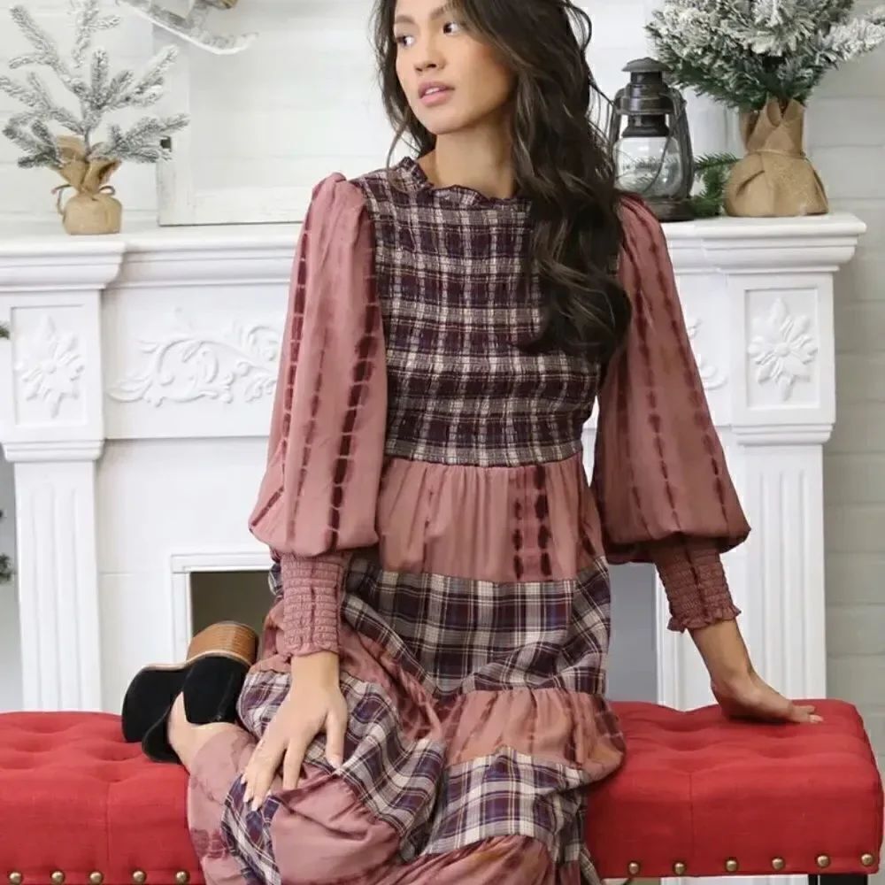 NEW! Beautiful Tie dye and Plaid Tiered Maxi Dress with Smocked Bodice